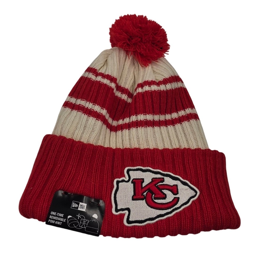 New Era Kansas City Chiefs NFL Knit Beanie Red White Striped Pom Hat OSFM O1